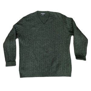 Eddie Bauer Mens LG V-Neck Sweater Lambswool Forest Green Cable Knit Lightweight